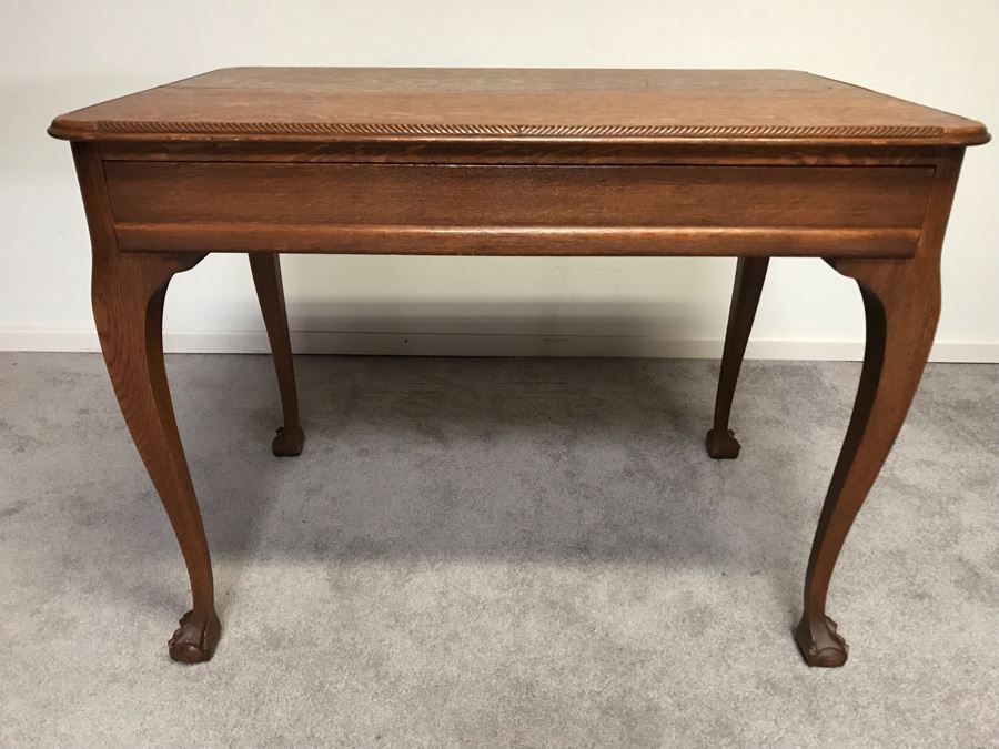 Vintage Tiger Oak Writing Desk With Ball And Claw Feet And Deep Drawer Owned By William 'Bill' H. Harris, RADM, USN (Ret.) 38'W X 25'D X 29'H [Photo 2]