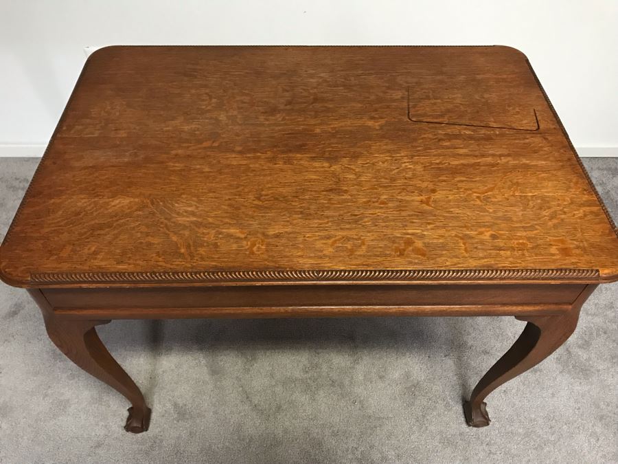 Vintage Tiger Oak Writing Desk With Ball And Claw Feet And Deep Drawer Owned By William 'Bill' H. Harris, RADM, USN (Ret.) 38'W X 25'D X 29'H [Photo 3]
