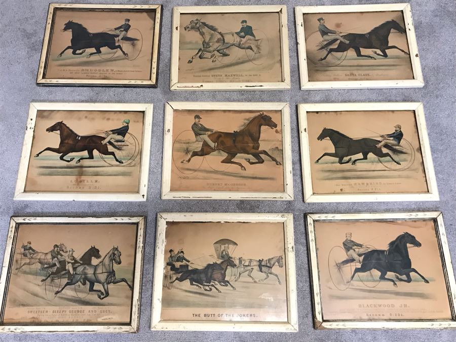 Collection Of (9) Antique Currier And Ives Prints In Antique Frames Mainly Of Horse Trotters Each Measuring 15.5' X 12.5' [Photo 1]