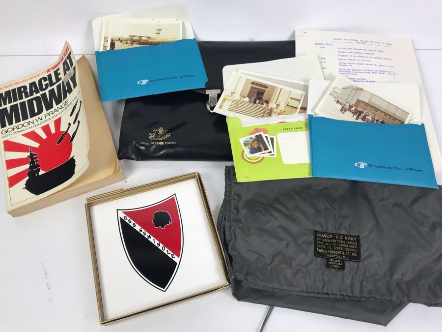 U.S.S. Seminole Tile, Buaer U.S. Navy Suit Integrate Torso, Harness Switlik Parachute Co, Israel Defence Forces Briefcase Along With Photos And Documents Of 1971 National War College Trip To Israel And Miracle At Midway Book - See Photos
