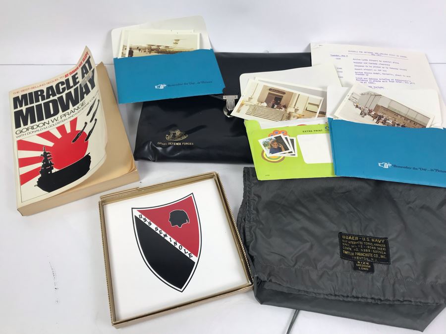 U.S.S. Seminole Tile, Buaer U.S. Navy Suit Integrate Torso, Harness Switlik Parachute Co, Israel Defence Forces Briefcase Along With Photos And Documents Of 1971 National War College Trip To Israel And Miracle At Midway Book - See Photos [Photo 3]