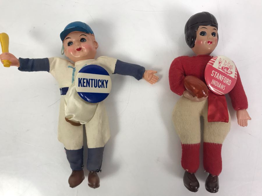Pair Of Vintage College Sports Dolls: Stanford Indians Football Doll And Kentucky Baseball Doll