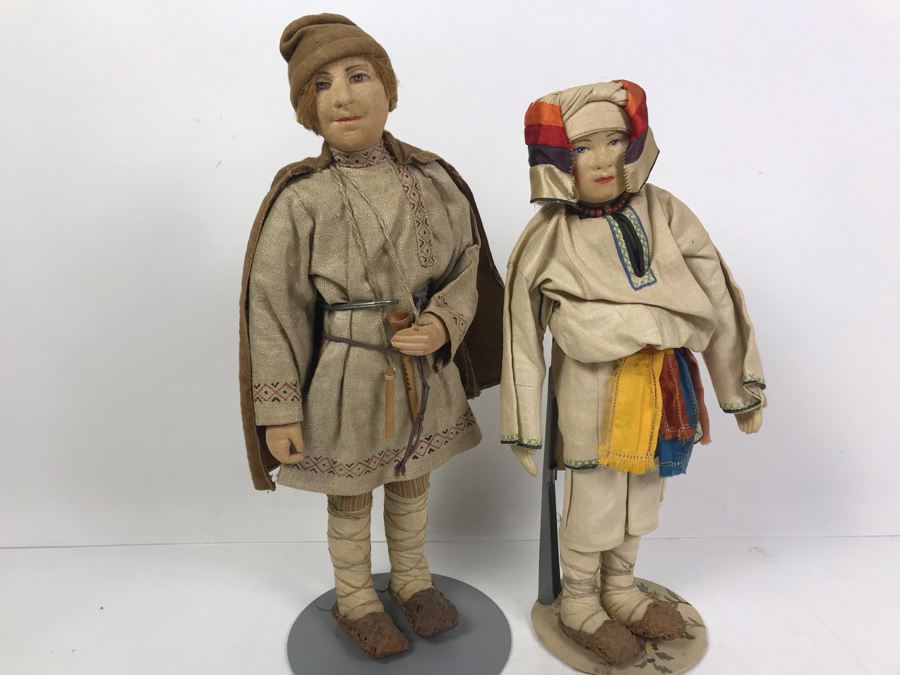 Pair Of Vintage 1940's Soviet Union Dolls Mordwa Woman And Village Boy