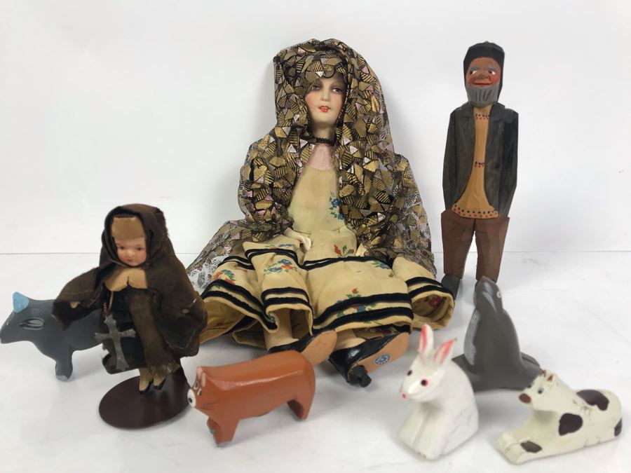 Vintage German Doll, Korean Carved Wooden Animals, Danish Carved Wooden Fisherman And Vintage Nun Doll [Photo 1]