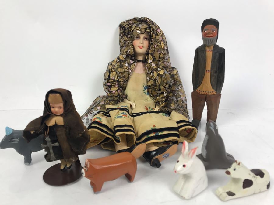Vintage German Doll, Korean Carved Wooden Animals, Danish Carved Wooden Fisherman And Vintage Nun Doll