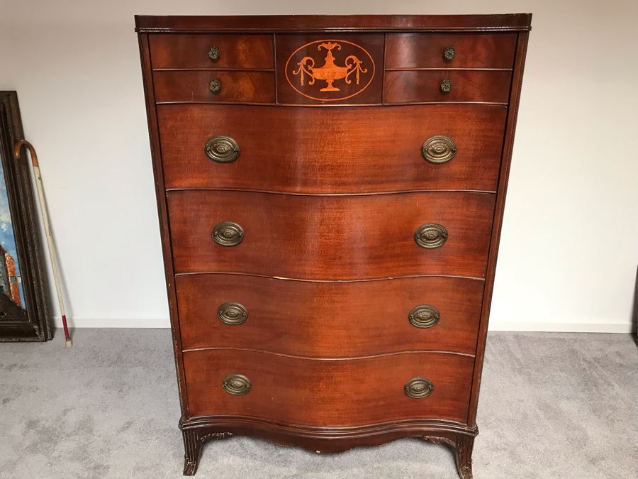 Vintage Serpentine Front Chest Of Drawers Dresser With Inlaid Wood On Top Drawer By White Furniture Co. Owned By William 'Bill' H. Harris, RADM, USN (Ret.)