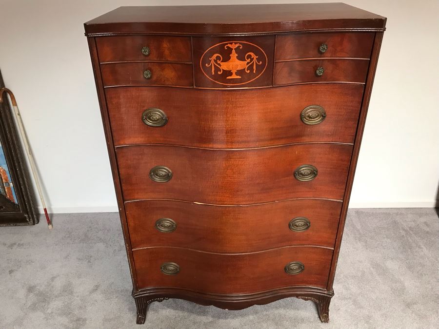 Vintage Serpentine Front Chest Of Drawers Dresser With Inlaid Wood On Top Drawer By White Furniture Co. Owned By William 'Bill' H. Harris, RADM, USN (Ret.) [Photo 7]