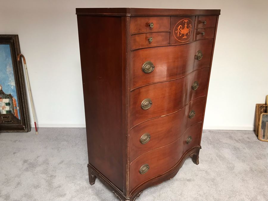 Vintage Serpentine Front Chest Of Drawers Dresser With Inlaid Wood On Top Drawer By White Furniture Co. Owned By William 'Bill' H. Harris, RADM, USN (Ret.) [Photo 10]