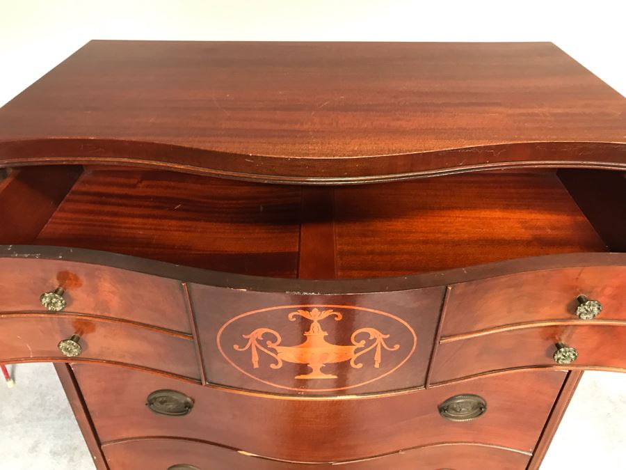 Vintage Serpentine Front Chest Of Drawers Dresser With Inlaid Wood On Top Drawer By White Furniture Co. Owned By William 'Bill' H. Harris, RADM, USN (Ret.) [Photo 8]
