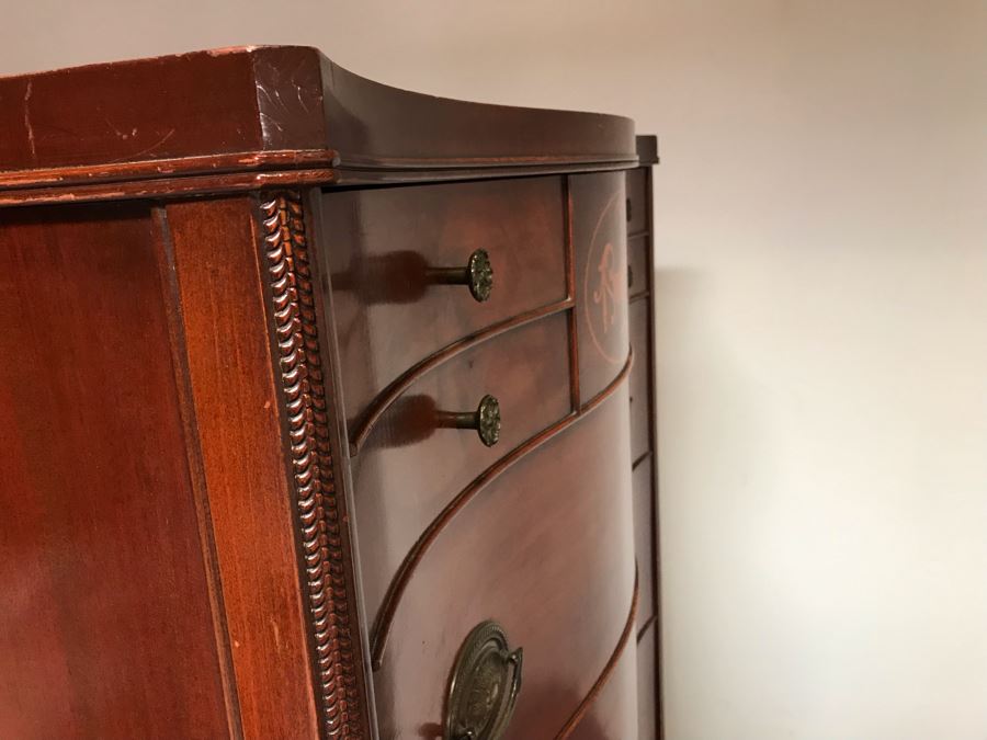 Vintage Serpentine Front Chest Of Drawers Dresser With Inlaid Wood On Top Drawer By White Furniture Co. Owned By William 'Bill' H. Harris, RADM, USN (Ret.) [Photo 14]