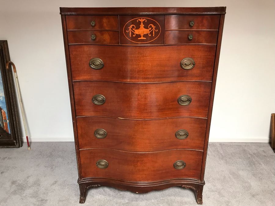 Vintage Serpentine Front Chest Of Drawers Dresser With Inlaid Wood On Top Drawer By White Furniture Co. Owned By William 'Bill' H. Harris, RADM, USN (Ret.) [Photo 3]