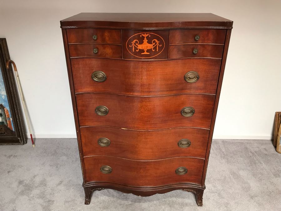 Vintage Serpentine Front Chest Of Drawers Dresser With Inlaid Wood On Top Drawer By White Furniture Co. Owned By William 'Bill' H. Harris, RADM, USN (Ret.) [Photo 4]