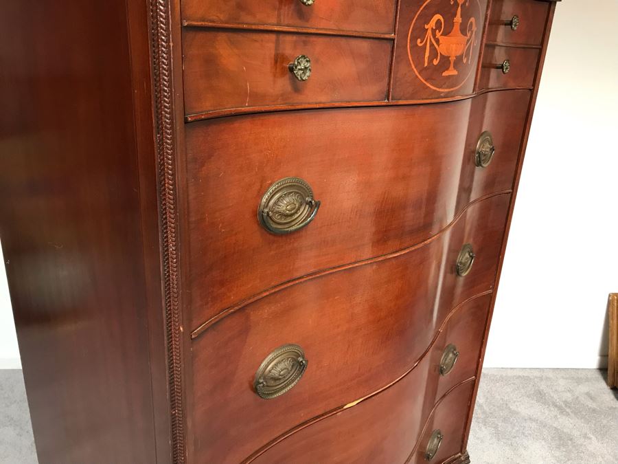 Vintage Serpentine Front Chest Of Drawers Dresser With Inlaid Wood On Top Drawer By White Furniture Co. Owned By William 'Bill' H. Harris, RADM, USN (Ret.) [Photo 11]
