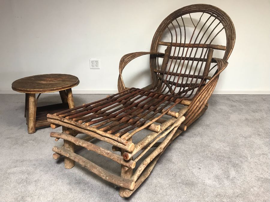 Vintage Stick Chaise Lounge Chair With Cushions (Not Shown) 65'L And Round Stick Side Table 21'R X 15.5'H From John Lloyd Wright Designed Home In Mission Hills