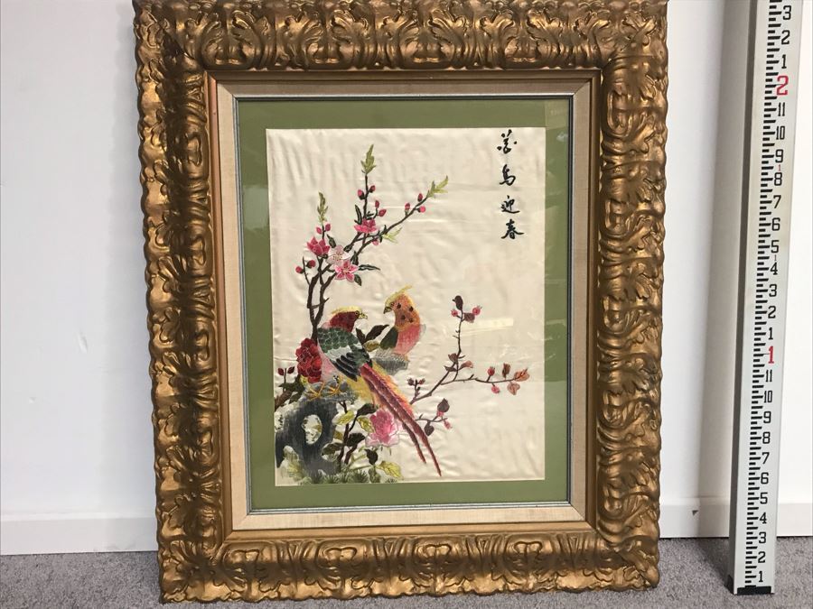 Chinese Silk Hand Embroidered Embroidery Stitching Bird Floral Artwork 24' X 28' [Photo 1]