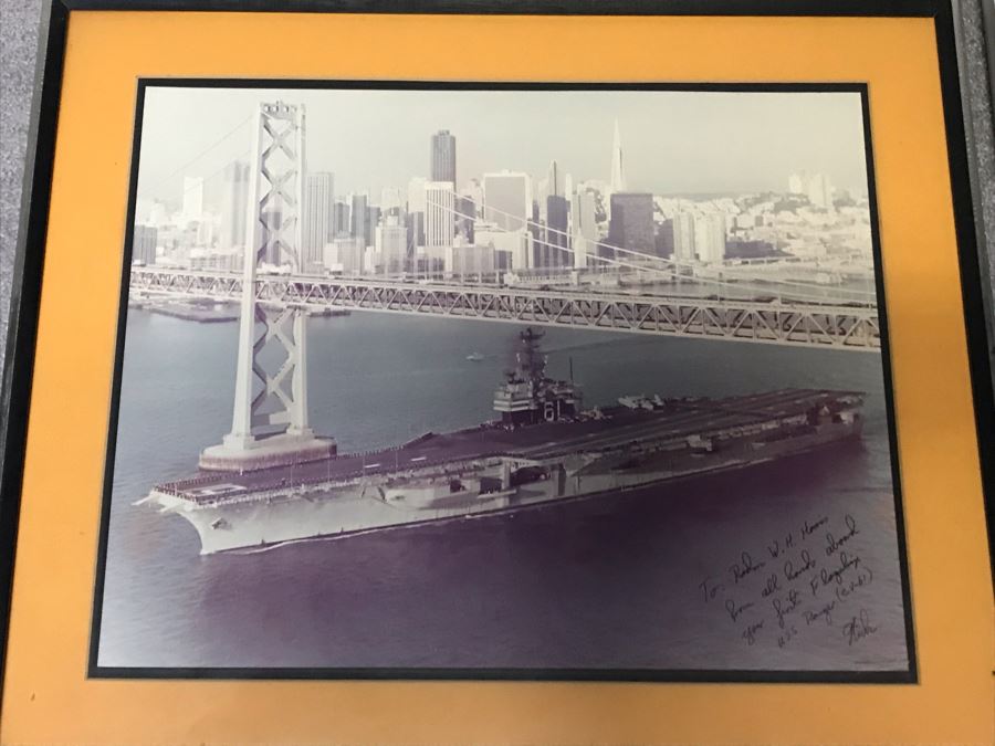 Framed Signed Photograph USN USS Ranger (CVA-61) 24' X 20' Personalized To RADM W. H. Harris 'Your First Flagship' [Photo 1]