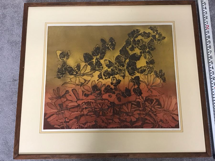 Vintage 1972 Framed Lithograph Titled 'Flowerflies' Artist Proof Hand Signed By H. Huhn? 31' X 29'