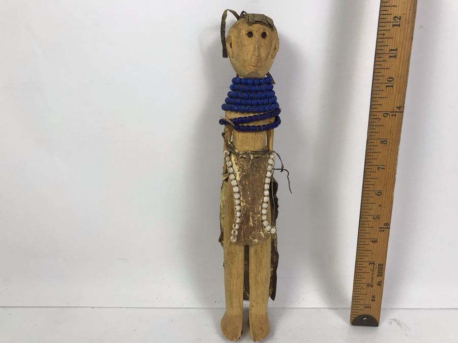 Vintage Carved Wooden Doll With Beaded Outfit 12'H [Photo 1]