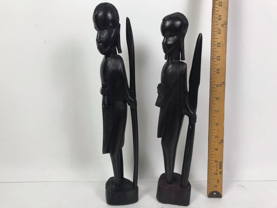 Pair Of Tall Genuine Ebony Hand Carved In Tanzania Nat 15'H [Photo 3]