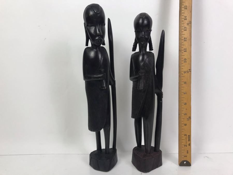 Pair Of Tall Genuine Ebony Hand Carved In Tanzania Nat 15'H [Photo 1]