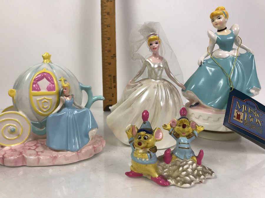 (4) Hand Painted Cinderella Schmid Walt Disney Figurines - One Is A Music Box