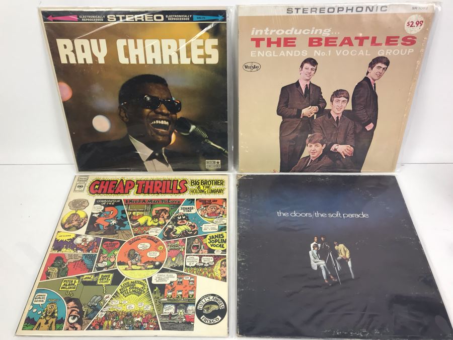 (4) Vintage Vinyl Records: Cheap Thrills Big Brother & The Holding Company (Janis Joplin), The Doors, Ray Charles And The Beatles