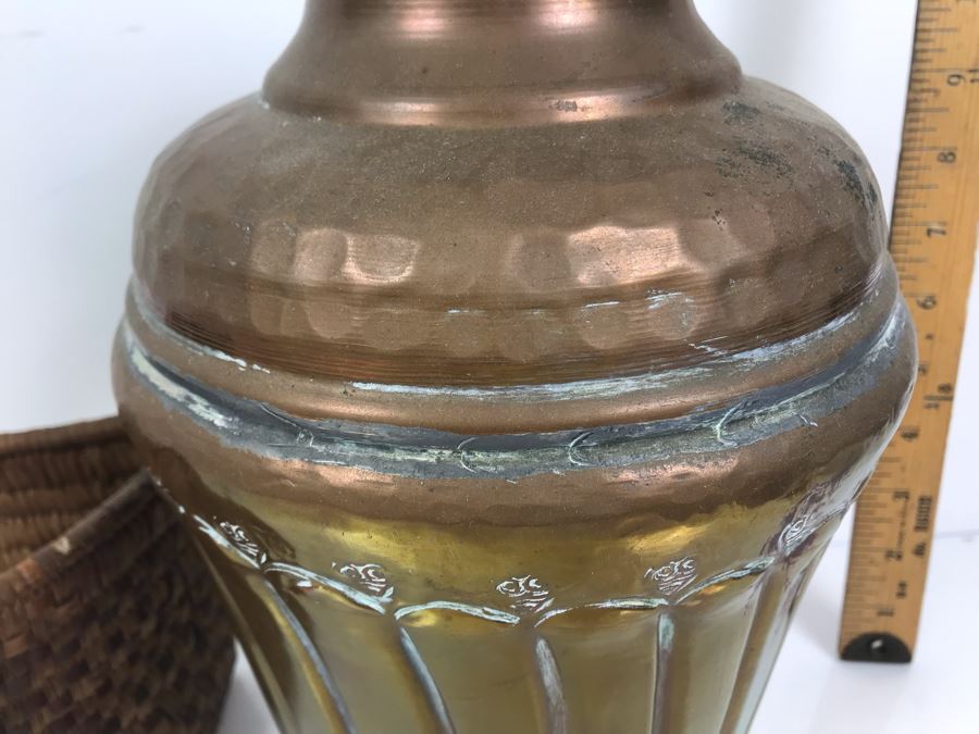 Vintage Woven Basket And Hammered Copper And Brass Vessel 12'H [Photo 3]