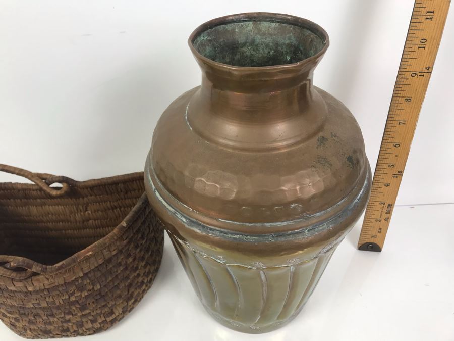 Vintage Woven Basket And Hammered Copper And Brass Vessel 12'H [Photo 2]