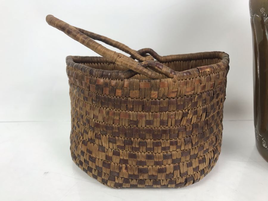 Vintage Woven Basket And Hammered Copper And Brass Vessel 12'H [Photo 5]