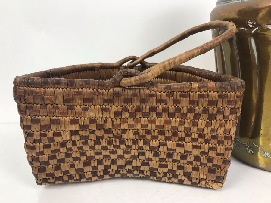 Vintage Woven Basket And Hammered Copper And Brass Vessel 12'H [Photo 7]