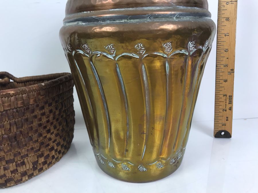 Vintage Woven Basket And Hammered Copper And Brass Vessel 12'H [Photo 4]