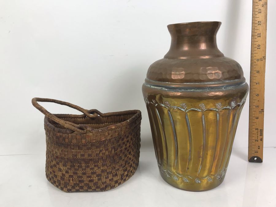 Vintage Woven Basket And Hammered Copper And Brass Vessel 12'H [Photo 1]