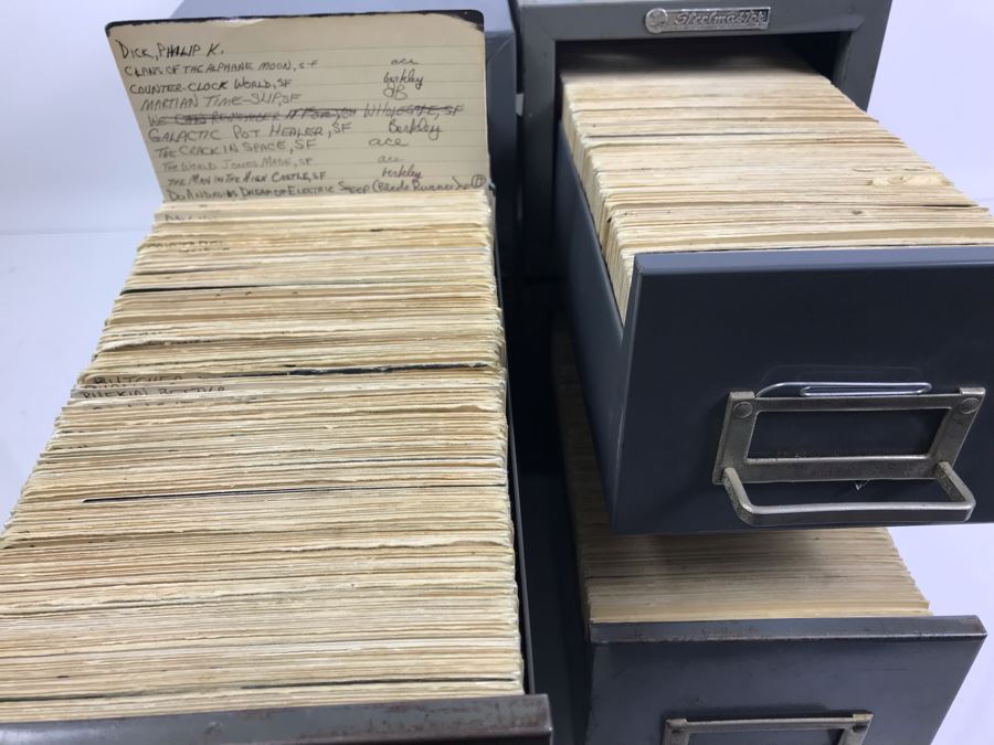 (4) Long Steelmaster Card Catalog Filing Cabinets Filled With Cards Cataloging Science Fiction Authors And Their Books Catalog - See Photos