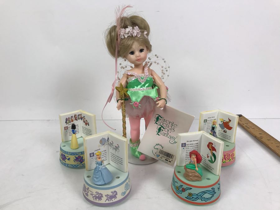 Vintage 1988 Robin Woods Tinkerbell Favorite Friends Of Fantasy Doll With $50 Disneyland Price Tag And (4) Vintage Schmid Disneyland Electronic Music Boxes: Cinderella, Snow White, Sleeping Beauty, The Little Mermaid [Photo 1]