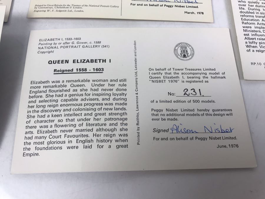 Vintage 1970's Limited Edition Peggy Nisbet Dolls With Certificates Of Authenticity: Queen Elizabet I, Queen Victoria, H.R.H. Prince Philip, H.M. Queen Elizabeth II And Lade Jane Grey All Signed By Alison Nisbet On Cert [Photo 26]