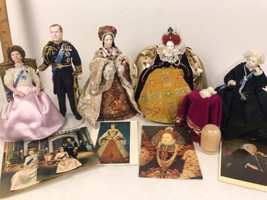 Vintage 1970's Limited Edition Peggy Nisbet Dolls With Certificates Of Authenticity: Queen Elizabet I, Queen Victoria, H.R.H. Prince Philip, H.M. Queen Elizabeth II And Lade Jane Grey All Signed By Alison Nisbet On Cert