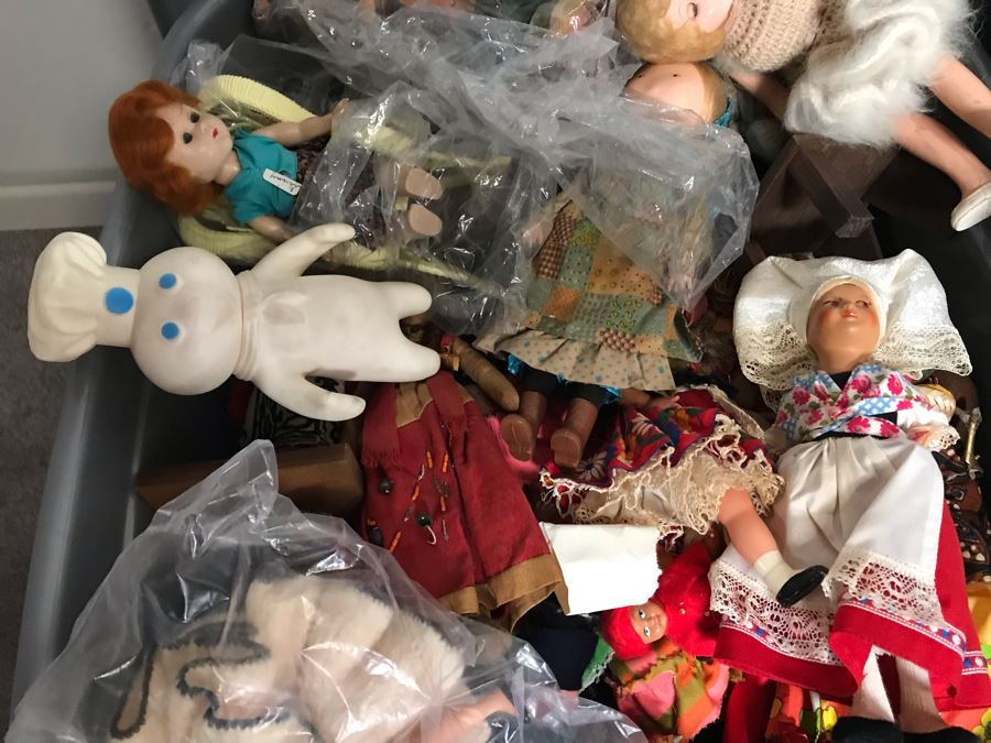 MEGA Vintage Doll Lot With House Of Nisbet H.R.H. Pricess of Wales Doll, International Dolls, Pillsbury Doughboy Doll And Tons More - 8 Tubs Filled! - See Photos [Photo 31]