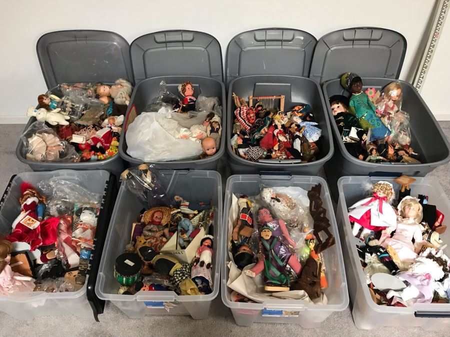 MEGA Vintage Doll Lot With House Of Nisbet H.R.H. Pricess of Wales Doll, International Dolls, Pillsbury Doughboy Doll And Tons More - 8 Tubs Filled! - See Photos