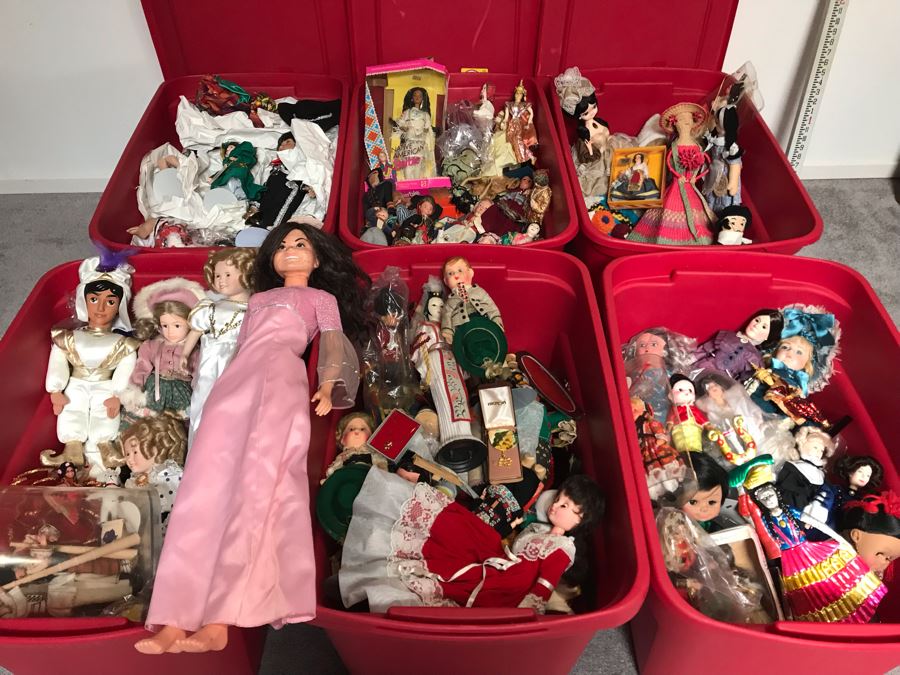 MEGA Vintage Doll Lot With 30' Mattel Marie Osmond Doll, Native American Barbie Doll, International Dolls, Disney Dolls And Tons More - 6 Large Tubs Filled! - See Photos