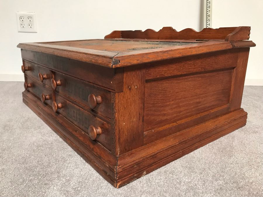 Stunning Large Vintage Willimantic Advertising Wooden Spool Cabinet Desk With Hinged Top And 4-Drawers Willimantic Six Cord Star Thread - Desk Top Needs New Leather 31'W X 24'D X 26'H [Photo 14]