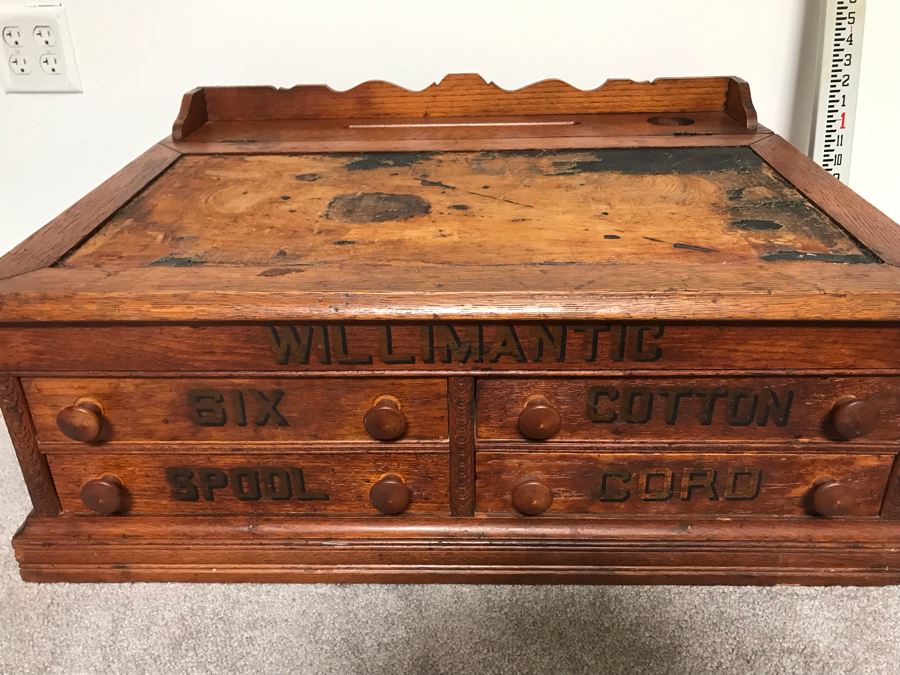 Stunning Large Vintage Willimantic Advertising Wooden Spool Cabinet Desk With Hinged Top And 4-Drawers Willimantic Six Cord Star Thread - Desk Top Needs New Leather 31'W X 24'D X 26'H [Photo 9]
