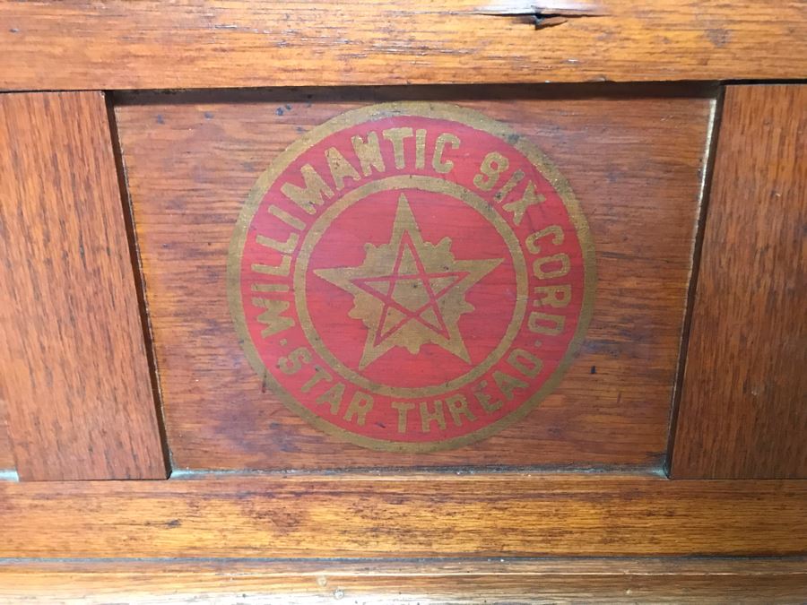 Stunning Large Vintage Willimantic Advertising Wooden Spool Cabinet Desk With Hinged Top And 4-Drawers Willimantic Six Cord Star Thread - Desk Top Needs New Leather 31'W X 24'D X 26'H [Photo 16]