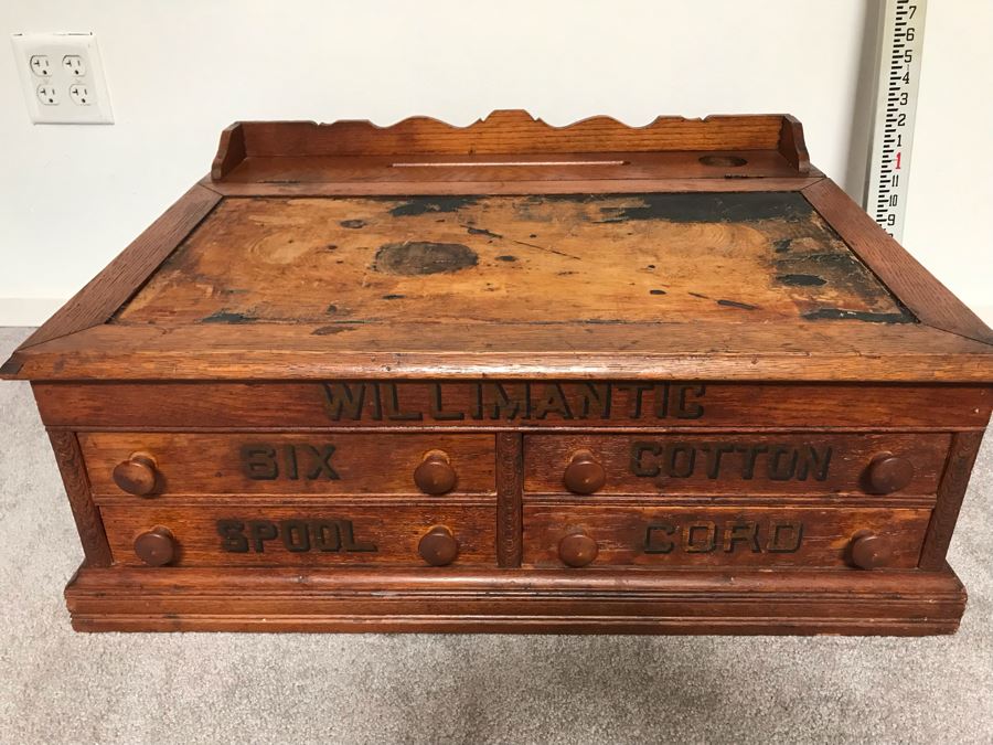 Stunning Large Vintage Willimantic Advertising Wooden Spool Cabinet Desk With Hinged Top And 4-Drawers Willimantic Six Cord Star Thread - Desk Top Needs New Leather 31'W X 24'D X 26'H [Photo 5]