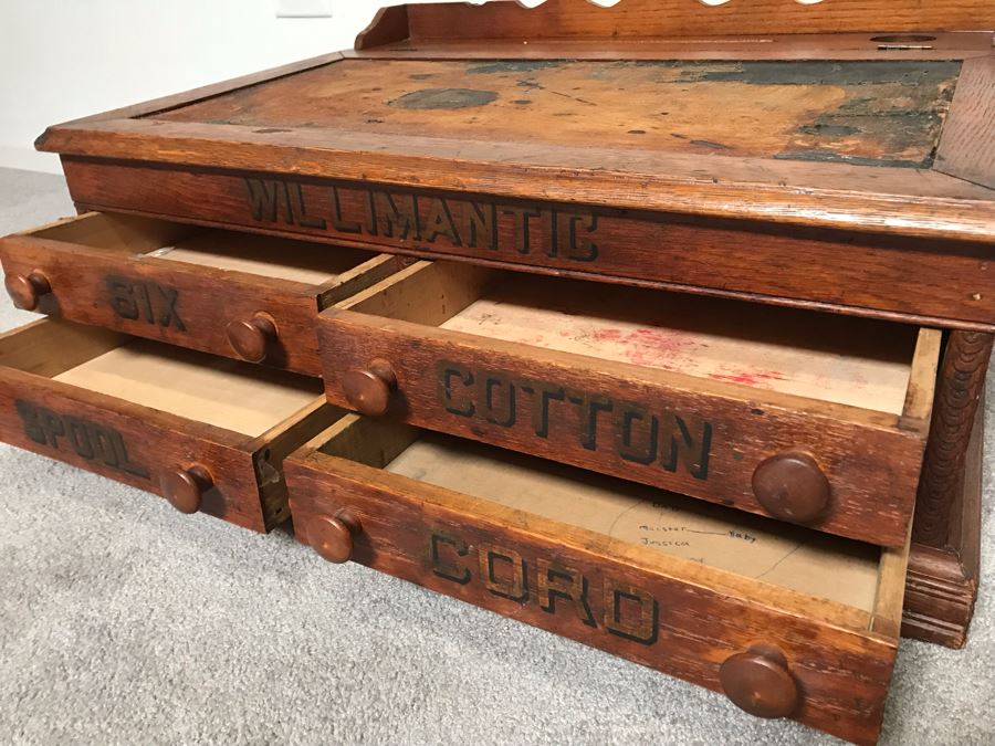 Stunning Large Vintage Willimantic Advertising Wooden Spool Cabinet Desk With Hinged Top And 4-Drawers Willimantic Six Cord Star Thread - Desk Top Needs New Leather 31'W X 24'D X 26'H [Photo 7]