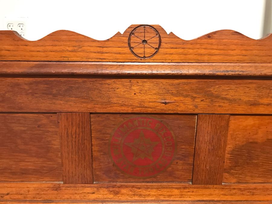 Stunning Large Vintage Willimantic Advertising Wooden Spool Cabinet Desk With Hinged Top And 4-Drawers Willimantic Six Cord Star Thread - Desk Top Needs New Leather 31'W X 24'D X 26'H [Photo 15]