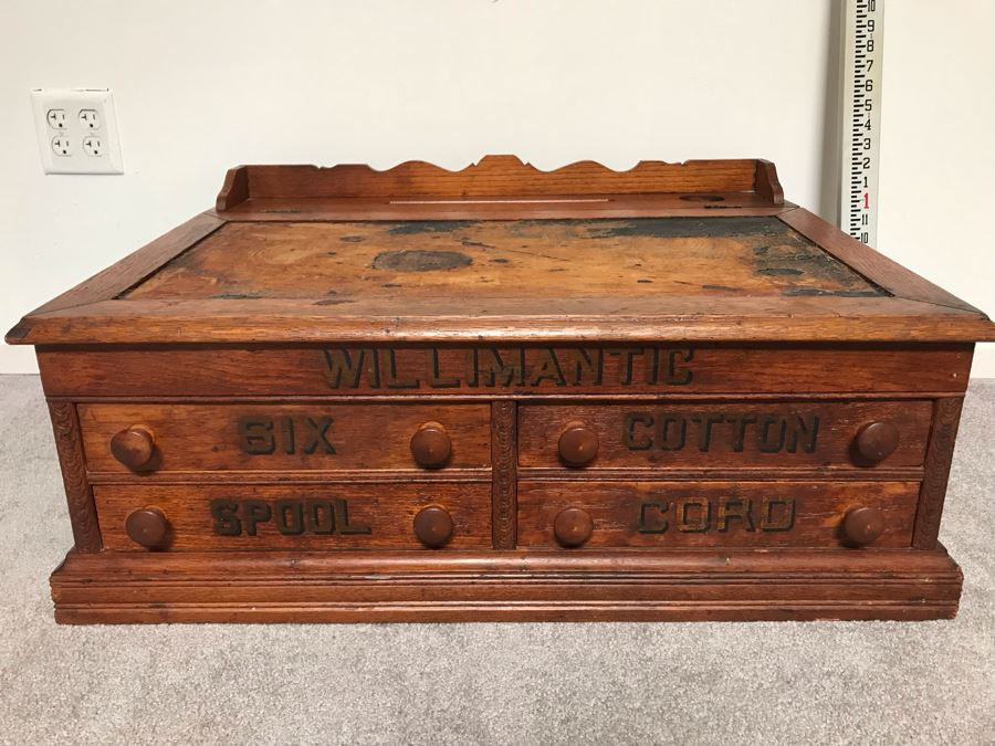 Stunning Large Vintage Willimantic Advertising Wooden Spool Cabinet Desk With Hinged Top And 4-Drawers Willimantic Six Cord Star Thread - Desk Top Needs New Leather 31'W X 24'D X 26'H [Photo 1]
