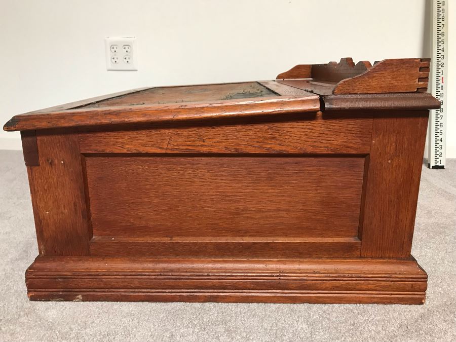 Stunning Large Vintage Willimantic Advertising Wooden Spool Cabinet Desk With Hinged Top And 4-Drawers Willimantic Six Cord Star Thread - Desk Top Needs New Leather 31'W X 24'D X 26'H [Photo 3]