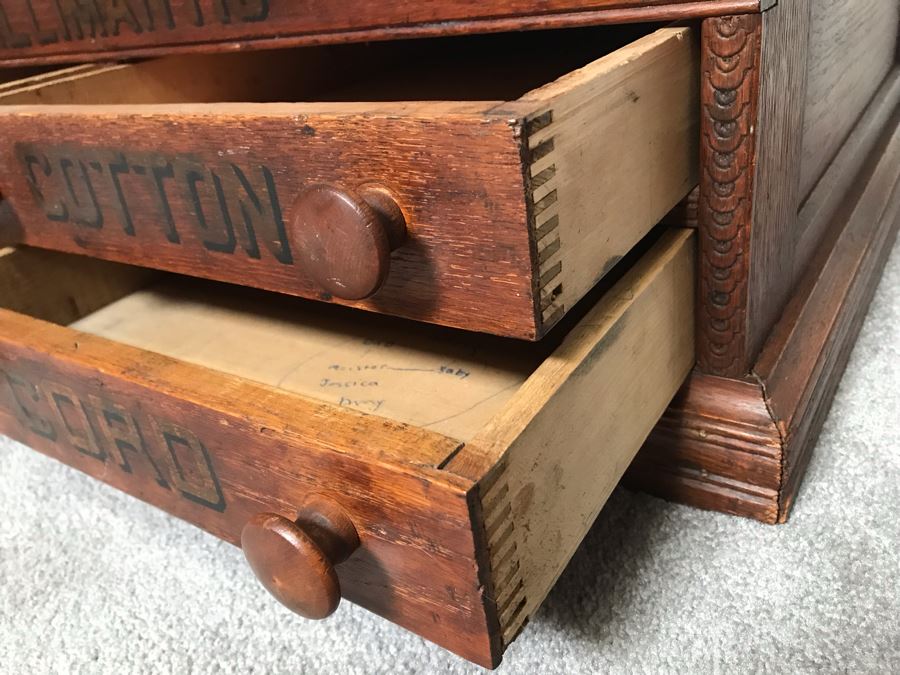Stunning Large Vintage Willimantic Advertising Wooden Spool Cabinet Desk With Hinged Top And 4-Drawers Willimantic Six Cord Star Thread - Desk Top Needs New Leather 31'W X 24'D X 26'H [Photo 8]
