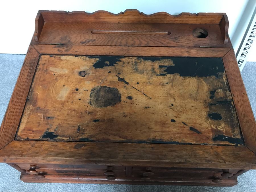 Stunning Large Vintage Willimantic Advertising Wooden Spool Cabinet Desk With Hinged Top And 4-Drawers Willimantic Six Cord Star Thread - Desk Top Needs New Leather 31'W X 24'D X 26'H [Photo 11]