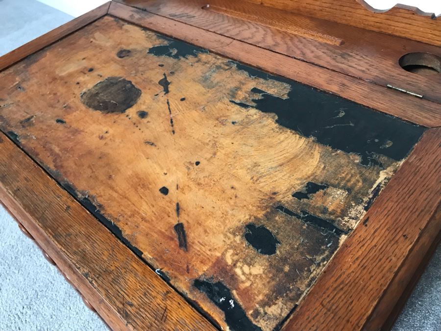 Stunning Large Vintage Willimantic Advertising Wooden Spool Cabinet Desk With Hinged Top And 4-Drawers Willimantic Six Cord Star Thread - Desk Top Needs New Leather 31'W X 24'D X 26'H [Photo 13]